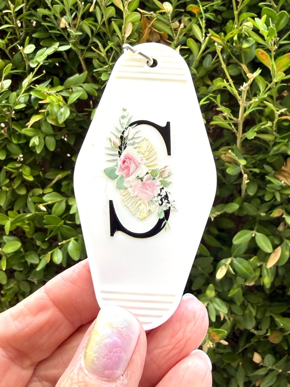 Vintage style motel key 3.5 keychain letter “S” initial floral gift idea